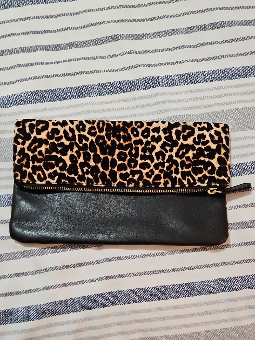 Leopard Print Foldover Clutch with Black Leather